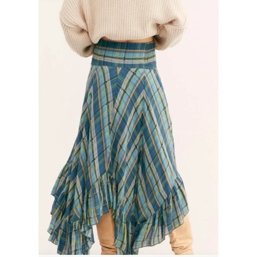 Free People Gabrielle Blue Plaid Ruffle Hem Maxi Skirt NWT Size L Boho - Picture 14 of 15